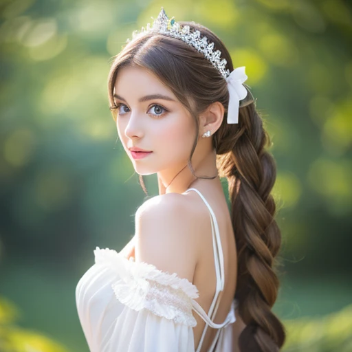 young woman with her hair tied back、White Fantasy Costume、ligh brown hair、Green eyes