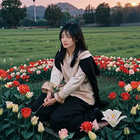 Gentle and beautiful man, full body, delicate long black hair, kneeling down on a field of beautiful roses and lilies, best quality, sunrise color scheme, arms on ground, tired face, quarter view perspective