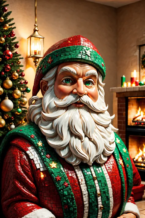 Mosaic Santa Sculpture, (In a comfortable living room), Colorful Christmas lights, A beautifully decorated Christmas tree, crackling fireplace; Picture quality:(Best quality at best, A high resolution, actual:1.37), Vibrant colors, Focus sharp; art-style: ...