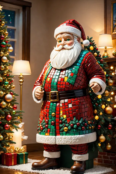 Mosaic Santa Sculpture, (In a comfortable living room), Colorful Christmas lights, A beautifully decorated Christmas tree, crackling fireplace; Picture quality:(Best quality at best, A high resolution, actual:1.37), Vibrant colors, Focus sharp; art-style: ...