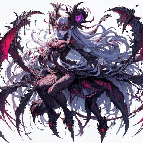 Close-up of a woman with long hair and a devilish face, anime monster girl, dark goddess with six arms, beautiful elegant demon queen, demon anime girl, white horns queen demon, laughingly, detailed anime art, yandere intricate, Yoshitakka Amano Karol Bak,...