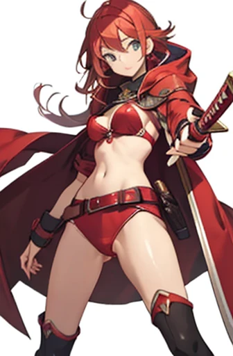 girl in red bikini, red cloak, red boots, red hood, long hair, samurai sword