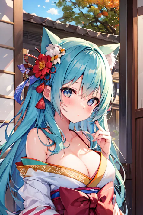 ​masterpiece、Top image quality、超A high resolution、miku hatsune、blue hairs、Twin-tailed、Blushing、Cute and shy、japanese kimono、firm breasts、well-shaped breasts、kyoto、Japan、during daytime、Autumn leaves、Autumn