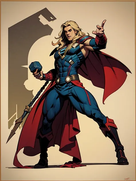 mid-shot, (cel-shading style:1.3), Centered image, Super detailed illustration of Marvel&#39;s Thor, Posing, (Tetradic color), Ink puncture, (sloping:1.1), strong contours, Art by Alphonse Mucha, Trace in bold, no-frame, High contrast, (Cell shade:1.1), ve...