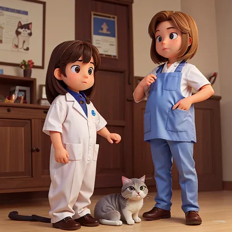 white boy with straight hair, brown eyes and hair, dressed as a veterinarian and taking care of a fat gray cat