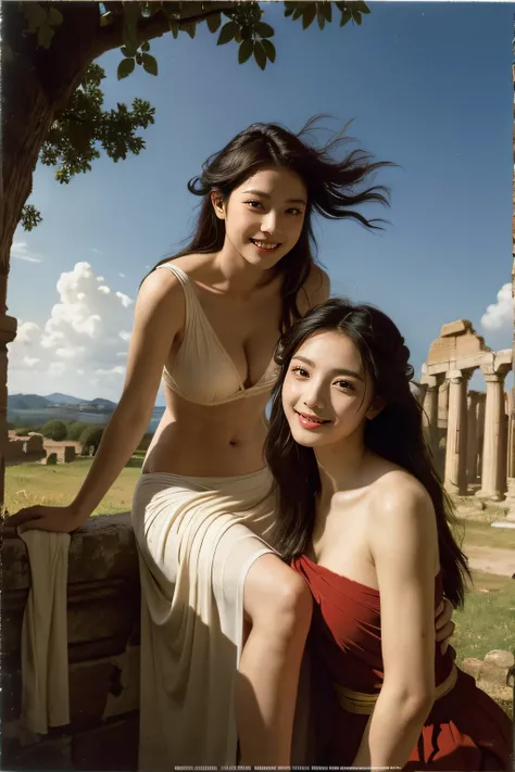 Ancient Roman ruins,Poussin-style landscape,A smile,,Sweet and seductive appearance.、Caravaggios paintings、Chiaroscuro of Caravaggio、Hair disheveled in the wind,Two women frolicking,Cute smile, Expression of ecstasy,A sexy,Erotic