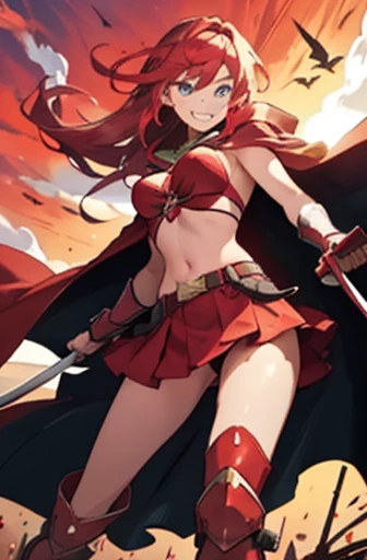 girl in red bikini, red cloak, red boots, red hood, long hair, samurai sword, red skirt, desert, sunset, red hair, loving smile, green eyes, red skies