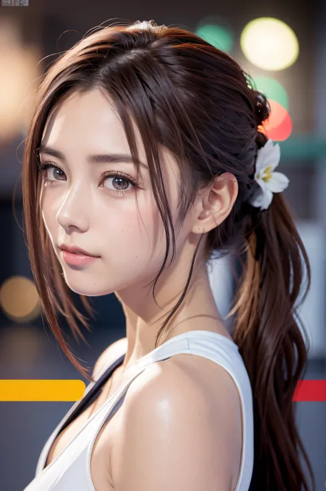 8K, of the highest quality, masutepiece:1.2), (Realistic, Photorealsitic:1.3), of the highest quality, masutepiece, Beautiful young woman, Pensive expression, Thoughtful look, Competitive swimmers、swim wears、Hair tied back, Cinematic background, Light skin...