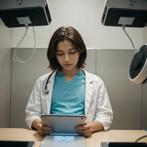 Create a doctor in clinical care with a patient, he uses a tablet as an artificial intelligence assistant