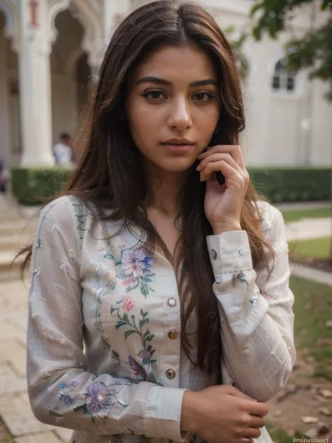 (Best quality, Ultra-detailed, Masterpiece:1.5), Photorealistic photograph of a beautiful pakistani woman at a scenic location. The woman should have a flawless, highly detailed face (Highly Detailed Skin) with soft, luminous skin. Her long hair should be ...