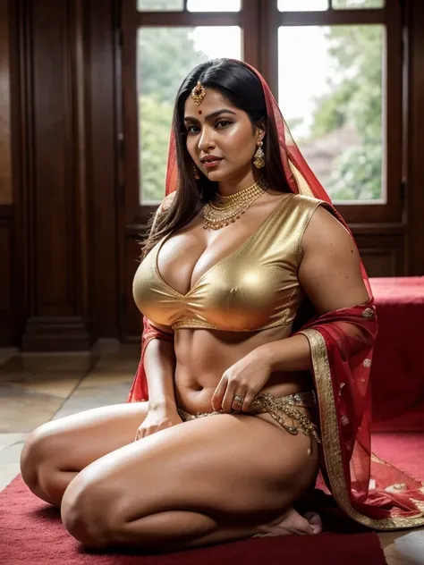 Inside the palace、wearing a sari from head to toe,Indian woman, 45 yers old, chubby, Tone Midriff, Big butt, thick thighs, Huge saggy bust hugs her body, She wears a translucent veil and a golden chain with a bell。.. Barefoot. she looks seductively over he...