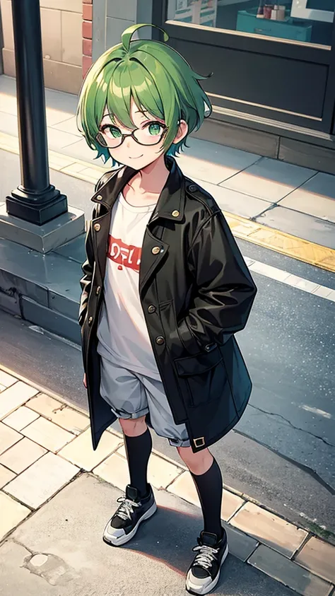 {{{{vulgarity}}}},{{{masterpiece}}}, {{{best quality}}}, {{ultra-detailed}}, {illustration}, {{an extremely delicate and beautiful}}, a boy, shoun, male child, green hair, short hair, green eyes, eye glass, Plump, disheveled hairstyle, Ahoge, childish, sho...