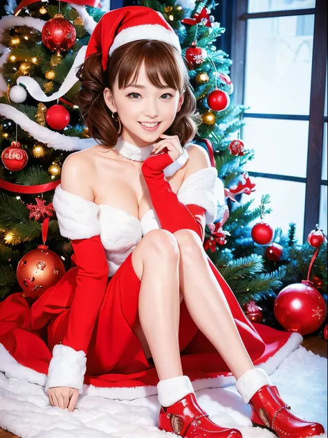 45 yers old、"cute girl santa claus, Red shoes, Illustration, super detailed, High quality (Best Quality, 4K, 8K, High resolution, masutepiece: 1.2), Portrait, Vivid colors, Warm tones, Realistic (Photo) Realistic:1.37), Festive atmosphere, jingle bell, Sno...