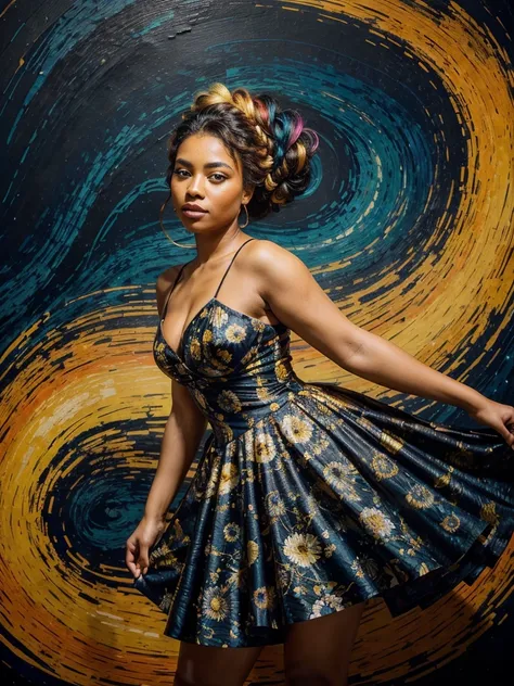 a portrait of a beautiful curvy black woman painted in the style of van gogh, with swirling, vivid colors and bold, expressive b...