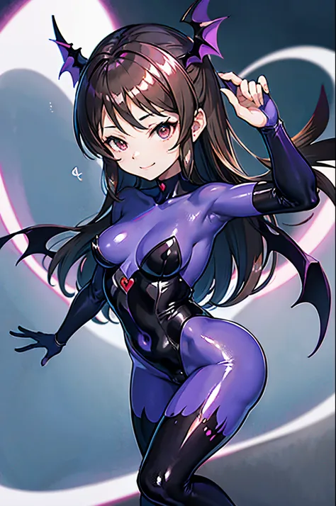 Carefully draw the face　High-quality faces in anime style　Dark hair　Black full body suit　Bat-print purple pantyhose　seductiv　a smile　Morrigan Aensland　Rear view