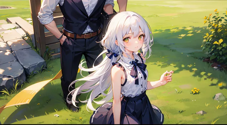 girl with white hair, 7 years old,small body;;;;, golden eyes, long-haired,Green braid tied in bows left and right...,, Wear a blue sleeveless shirt......button up.  White short skirt, walking on grass.With a man....With a slightly smiling face...............