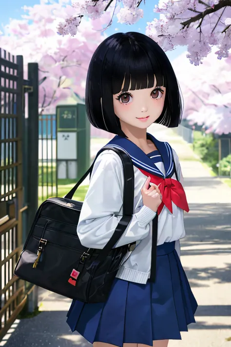 Elementary school girl、A dark-haired、Black eyes、bob cut hairstyle、Cut the bangs parallel to each other、 Blue sailor suit、clothes that are larger than your body size、School bag、tiny chest、kindly smile、red tide、 {{{{{{The background is the school gate of a J...