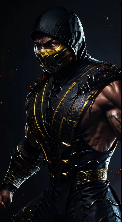 Scorpion from mortal kombat, muscular body, fiery eyes, battle, 8k close-up, fierce