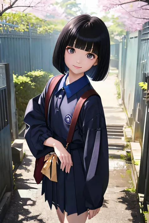 elementary student、A dark-haired、Black eyes、bob cut hairstyle、Cut the bangs parallel to each other、 Blue sailor suit、clothes that are longer than your body size、School bag、tiny chest、kindly smile、red tide、 {{{{{{The background is the school gate of a Japan...