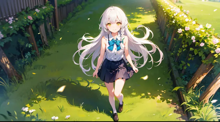 girl with white hair, 7 years old,small body;;;;, golden eyes, long-haired,Green braid tied in bows left and right...,, Wear a blue sleeveless shirt......button up.  White short skirt, walking on grass.With a man....With a slightly smiling face...............