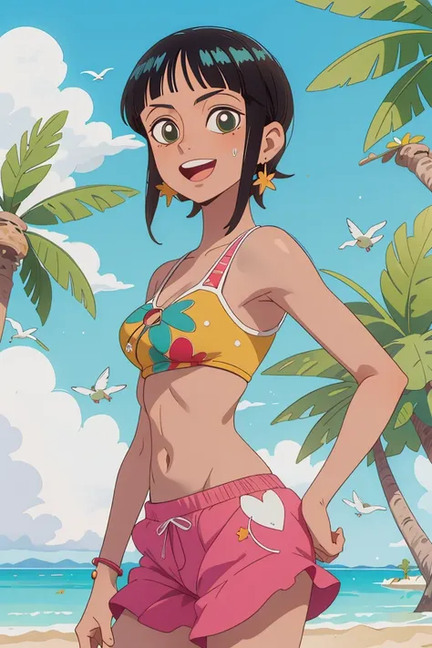 (obra prima),melhor qualidade,Awesome,Detalhe fino.profundidade de campo,belos olhos detalhados, Nico Robin, 1girl,matural female,Feliz,Sorriso leve, sbikini, barriga, seios