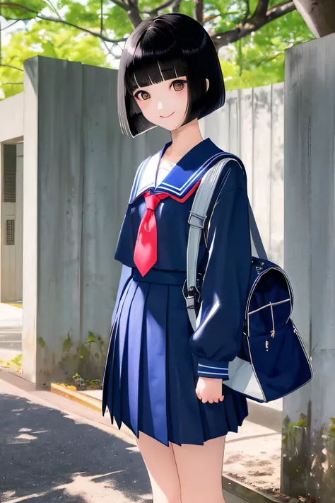 Junior high school girl、A dark-haired、Black eyes、bob cut hairstyle、Cut the bangs parallel to each other、 Blue sailor suit、clothes that are larger than your body size、School bag、tiny chest、kindly smile、red tide、 {{{{{{The background is the school gate of a ...