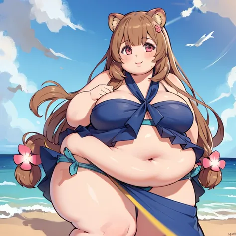 (masterpiece, best quality:1.2), cowboy shot, solo, 1girl, obese raphtalia,obese body, smile, looking at viewer, wariza, hair flower, blue bikini, blue sarong, raccoon tail, beach