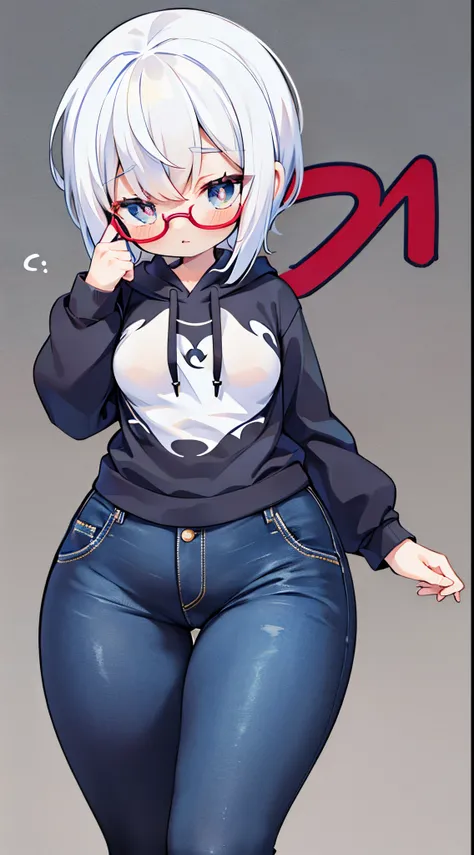 masutepiece,Best Quality,((Forehead)),(((Very small breasts))),40 years,1lady,Solo,Fashionable glasses,((White hair)),((Very Shorthair)),Blue Pupils,Larger hoodie,damage jeans,very slender figure,(slightly plump thighs),Twilight