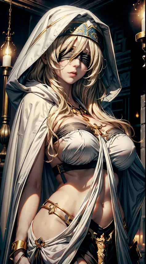 (masterpiece, top quality, best quality, official art, beautiful and aesthetic:1.2),full body, 1girl, priestess, long light blonde hair, messy hair, (wearing black blindfold:1.3), large breasts, cleavage, (white revealing robe, gold trim), (white hood:1.2)...