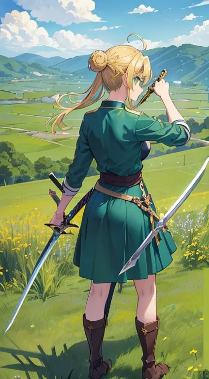 (Anime-style: 1.2), (Golden-haired character: 1.3), (Green-eyed: 1.2), (Updo hairstyle: 1.1), (Blue-themed attire: 1.2), (Sword-wielding pose: 1.3), (Profile: 0.7), (Standing girl: 1.1), (Boots and sword: 0.8), (Grassland: 1.3), (Clear sky: 1.0), (Back)