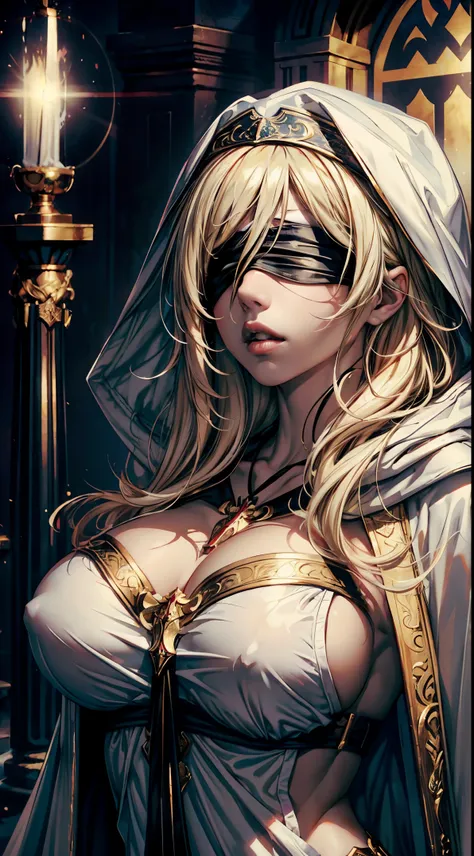 (masterpiece, top quality, best quality, official art, beautiful and aesthetic:1.2),full body, 1girl, priestess, long light blonde hair, messy hair, (wearing black blindfold:1.3), large breasts, cleavage, (white revealing robe, gold trim), (white hood:1.2)...