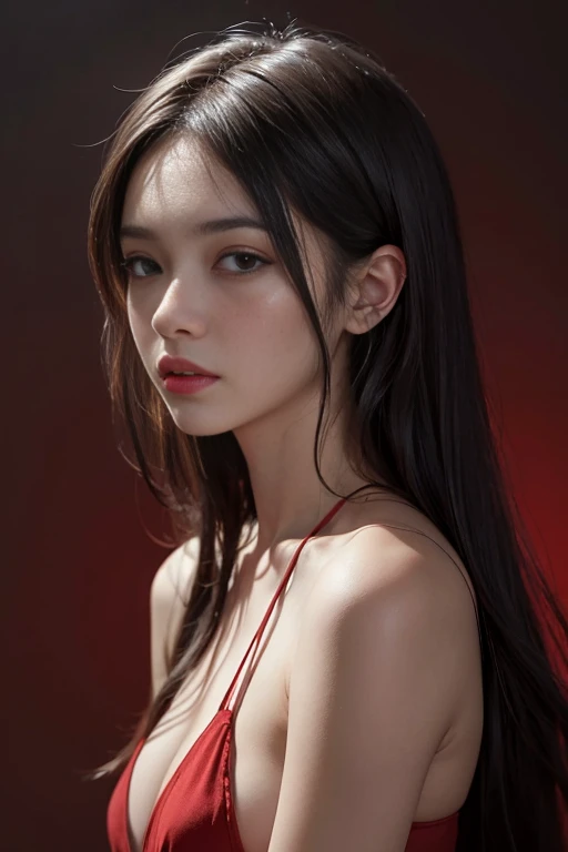 a 20 yo woman,long hair,dark theme, soothing tones, muted colors, high contrast, (natural skin texture, hyperrealism, soft light, sharp),red background, background,