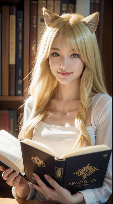 (Medium portrait:0.7), (best illuminate:1.1), (coiffed blonde hair:1.1), 1个Giant Breast Girl, Wolf ears, serious smile, Complex:0.6, medium, (ayaka:1.2), in the middle of the library, looking at book, Chopping:0.8, (canineteeth:0.4)