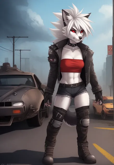 wolfy-nail, by wolfy-nail, anthro, lycanroc, hellhound, ((dark grey fur)), female, solo, 1woman, ((very small breasts)), ((tiny breasts)), leather shorts, husky tail, ((husky ears)), ((shaggy hair)), ((short white hair)), on e621, choker, leather collar, d...