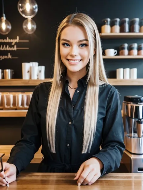 25 year old Scandinavian barista, makeup, Gorgeous, Very long straight hair, Stand in a café, Cute smile