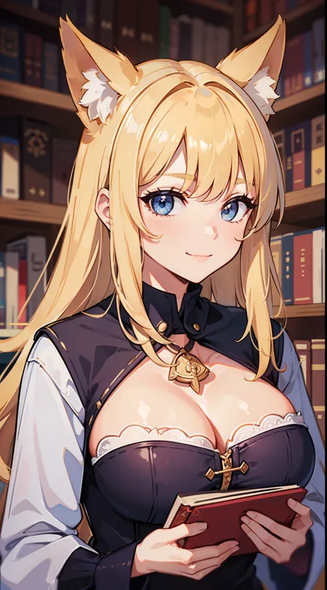 (Medium portrait:0.7), (best illuminate:1.1), (coiffed blonde hair:1.1), 1个Giant Breast Girl, Wolf ears, serious smile, Complex:0.6, medium, (ayaka:1.2), in the middle of the library, looking at book, Chopping:0.8, (canineteeth:0.4)