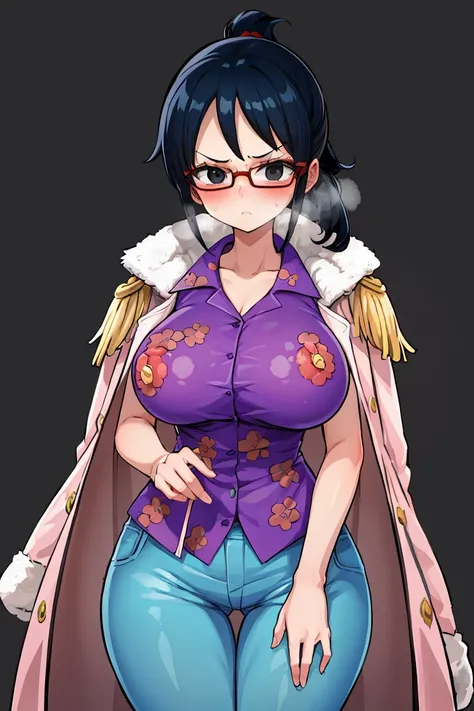 masterpiece, best quality, tashigi, black eyes, folded ponytail, glasses, pink coat, coat on shoulders, purple shirt, blue pants, upper body, looking at viewer, thick thighs, big hip, big tits, serious,NSFW.