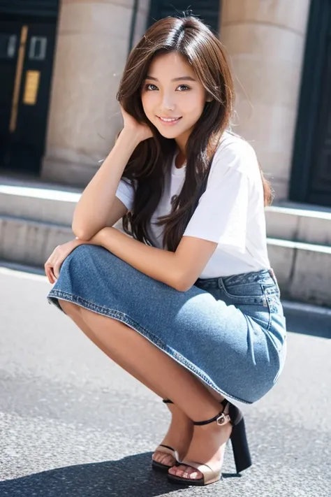 A female college student squatting while wearing a denim miniskirt、(Denim Mini Skirt)、22 years old beautiful girl、Light makeup、Fashionable、