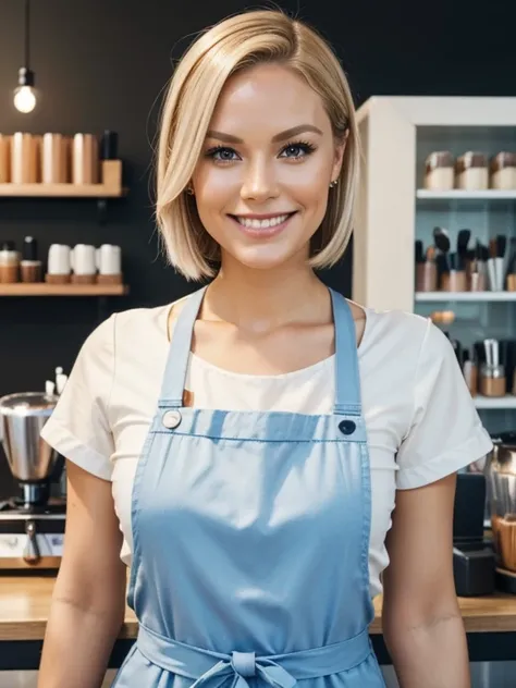 35 year old Scandinavian barista, makeup, Gorgeous, very short straight hair, Stand in a café, Cute smile