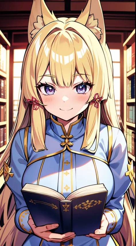 (Medium portrait:0.7), (best illuminate:1.1), (coiffed blonde hair:1.1), 1个Giant Breast Girl, Wolf ears, serious smile, Complex:0.6, medium, (ayaka:1.2), in the middle of the library, looking at book, Chopping:0.8, (canineteeth:0.4)