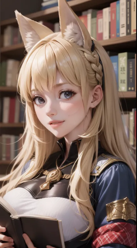 (Medium portrait:0.7), (best illuminate:1.1), (coiffed blonde hair:1.1), 1个Giant Breast Girl, Wolf ears, serious smile, Complex:0.6, medium, (ayaka:1.2), in the middle of the library, looking at book, Chopping:0.8, (canineteeth:0.4)