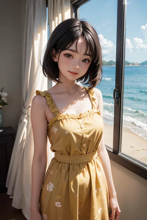 very cute and beautiful girl standing near window,floral yellow summer dress with detailed frills,sleeveless, (highly detailed beautiful face and eyes:1.2),white bedroom with outside view,distant trees and ocean, cowboy shot,(smile:1.2),medium hair,black h...