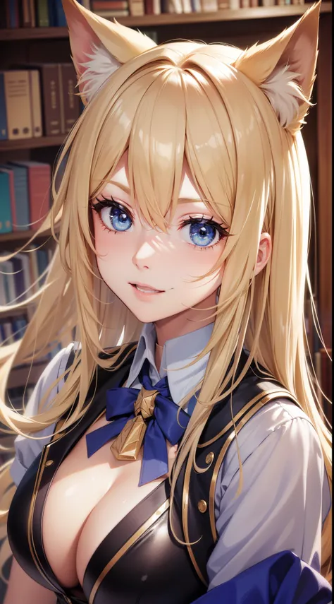 (Medium portrait:0.7), (best illuminate:1.1), (coiffed blonde hair:1.1), 1个Giant Breast Girl, Wolf ears, serious smile, Complex:0.6, medium, (ayaka:1.2), in the middle of the library, looking at book, Chopping:0.8, (canineteeth:0.4)