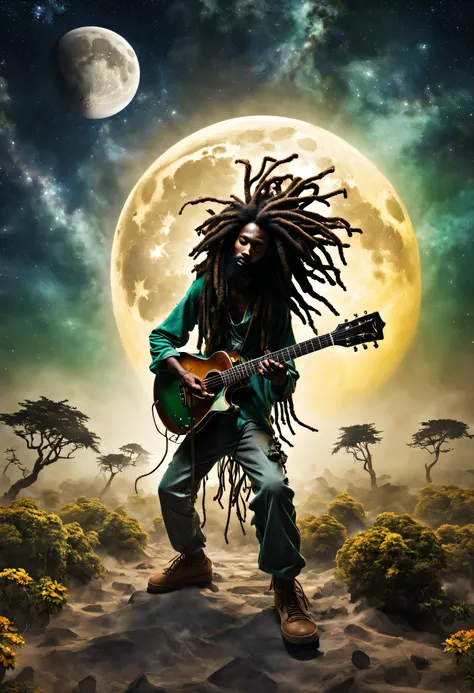 phantasmagorical style, imagem de um homem negro rastafari tocando guitarra em cores reggae com dreadlocks, alta qualidade, star...