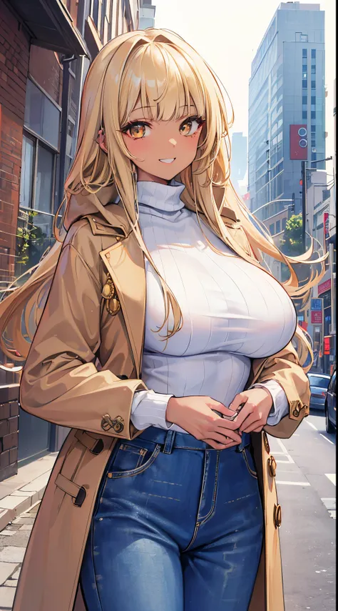 (8K、Top image quality、top-quality、​masterpiece)、A detailed face、1 girl in、Blonde longhair、blunt bangs、Golden eyes、piercings、((Brown skin))、((skin tanned))、Grinning、very Bigger breasts、White turtleneck sweater、((brown coat))、blue denim、long trousers、cowboy ...