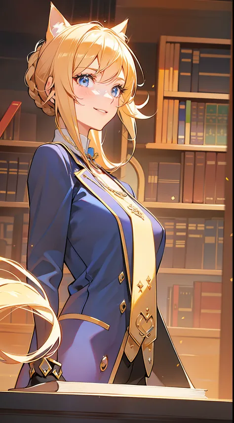 (Medium portrait:0.7), (best illuminate:1.1), (coiffed blonde hair:1.1), 1个Giant Breast Girl, Wolf ears, serious smile, Complex:0.6, medium, (ayaka:1.2), in the middle of the library, looking at book, Chopping:0.8, (canineteeth:0.4)