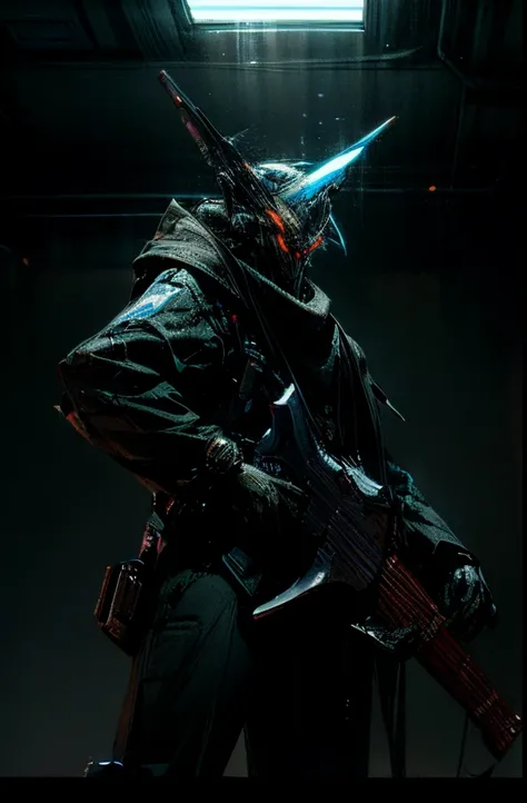 A futuristic creature, with cinematic lighting. The background is from a sci-fi movie. The character is holding a gun shaped guitar in his hand