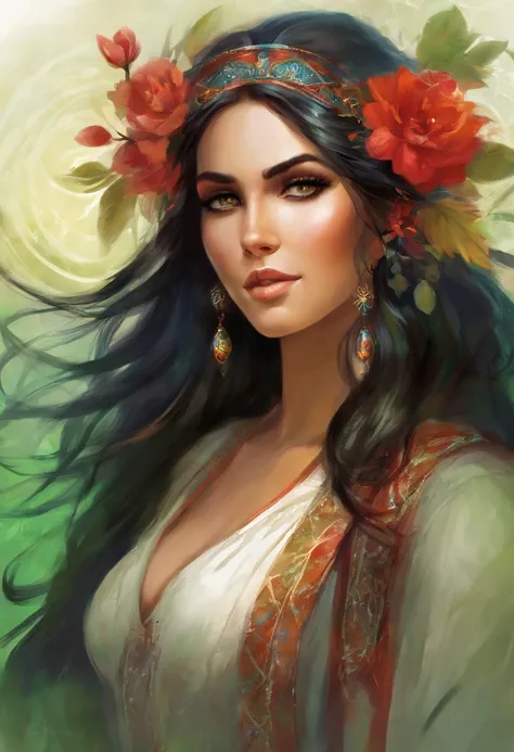 Portrait of a gypsy womans face in high definition, round face, big bright green eyes, red full mouth, wearing big cascading earrings, dress with deep V-neck and silver embroidery, long black hair, woman with sexy and seductive eyes looking Camera.