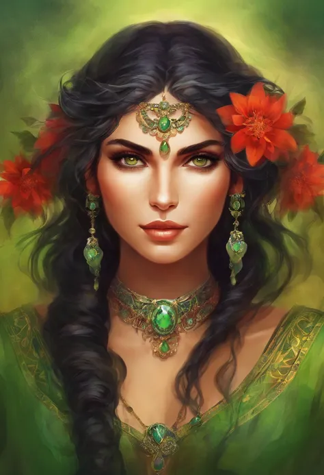 Portrait of a gypsy womans face in high definition, round face, big bright green eyes, red full mouth, wearing big cascading earrings, dress with deep V-neck and silver embroidery, long black hair, woman with sexy and seductive eyes looking Camera.