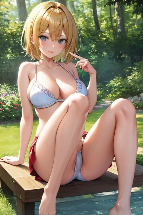 (Best Quality, hight resolution, masutepiece:1.2), Sense of openness,Nature, ,painting of beautiful,Highlighted diagram, Insert between legs, Blonde hair, O Cup, lively breasts, Open legs, Lifting legs, 8 year old, happening, Placing a finger on the genita...